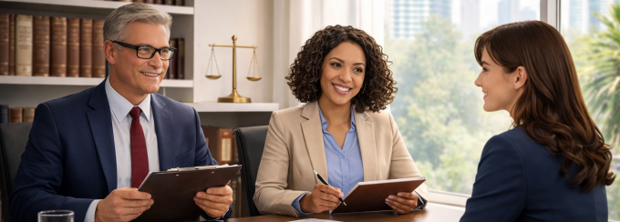 A young woman in her mid-20s sits confidently at a desk during a law school admissions interview, facing two interviewers—a man and a woman—who are both smiling and looking directly at her while holding clipboards. The setting is a bright, professional office with bookshelves, a scale of justice in the background, and large windows showing a city view. 