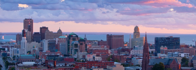 Photo of City Hall of Buffalo at night. 