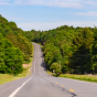 Two lane rural road stretching into the distance through green wooded hills, with telephone poles on the right and a fenced grassy field with grazing sheep under a blue sky. 