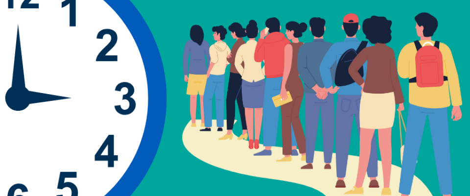 Graphic with a clock and people waiting in a line. 