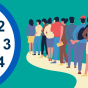 Graphic with a clock and people waiting in a line. 
