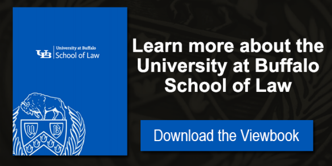 A photo of our Viewbook with text that reads “Learn more about the University at Buffalo School of Law. Download the Viewbook.”. 