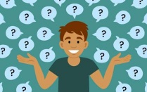 illustration of person with question marks floating around them. 