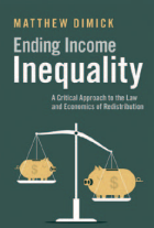 Book cover titled &ldquo;Ending Income Inequality&rdquo; by Matthew Dimick. Below the title it reads &ldquo;A Critical Approach to the Law and Economics of Redistribution.&rdquo; The illustration shows a balance scale with two piggy banks: a smaller pig on the left weighing down its side slightly, and a larger pig on the right. The background is a dark green color. 