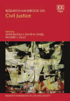 Book cover titled &ldquo;Research Handbook on Civil Justice.&rdquo; The editors&rsquo; names&mdash;Mauro Cappelletti, David M. Engel, and Richard L. Abel&mdash;are listed beneath the title. The upper portion of the cover is solid red with the publisher&rsquo;s &ldquo;EE Elgar&rdquo; logo in the corner. The lower portion features an abstract artwork made up of layered shapes and brushstrokes in muted colors. 
