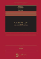 Red book cover with gold and black accents. The title “Criminal Law: Cases and Materials” appears in the center on a black panel. Above the title are the authors’ names: Kaplan, Weisberg, Binder, Gruber. The bottom of the cover displays “Eighth Edition” and the Aspen Publishers logo. 