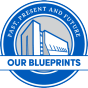 Circular blue and gray logo with an illustration of a modern building in the center. Text around the circle reads &lsquo;Our Past, Present and Future.&rsquo; Across the middle, a blue banner says &lsquo;UB Law Blueprints.&rsquo; At the bottom, text reads &lsquo;Est. 1887. 