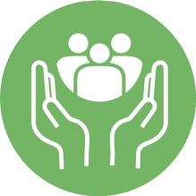 Green circle with white icon of two hands cupping three simplified human figures. 