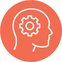 Orange circle with white outline of a human head in profile containing a gear symbol. 