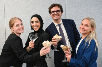 Zoom image: Kayla-Ann Haynes &rsquo;28, Sheyma Yeseen Shabna &rsquo;28, Presley S. Gerena &rsquo;28 and Caroline E. Nowak &rsquo;28 toast to new beginnings with Thanksgiving in a glass. 