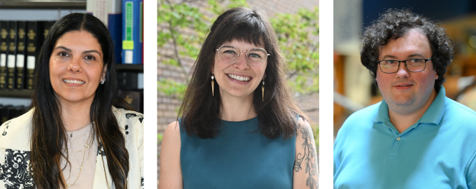 A composite photo of two women and one man, smiling. 
