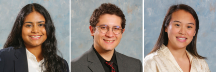 Side by side studio portraits of three individuals dressed in professional attire against a textured blue green backdrop. 