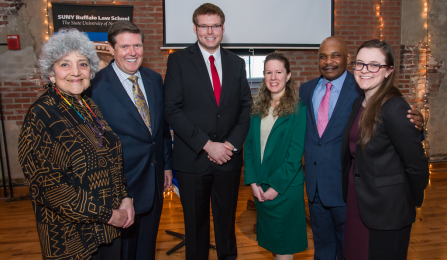 Honoree Madeline Davis, Thomas E. Black, Jr. '79, Daniel DeVoe '14, Keynote Speaker Melissa Brisman, Dean Makau Mutua, and Anastasia Stumpf '15. 