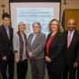 Left to right: Roman Fontana of Veterans One-stop Center of WNY, Clinical Teaching Fellow Cody Jacobs, Grace Andriette of Neighborhood Legal Services, Donna Li Puma of WNY Veteran’s Administration, Professor and Clinical Legal Education Director Kim Diana Connolly, Law Dean Makau Mutua and UB Provost Charles F. Zukoski. 