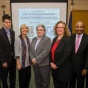 Left to right: Roman Fontana of Veterans One-stop Center of WNY, Clinical Teaching Fellow Cody Jacobs, Grace Andriette of Neighborhood Legal Services, Donna Li Puma of WNY Veteran&rsquo;s Administration, Professor and Clinical Legal Education Director Kim Diana Connolly, Law Dean Makau Mutua and UB Provost Charles F. Zukoski. 