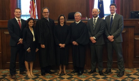 Left to right: Mac Morey and Mathri Thannikkotu, Wechsler winners from the University of Miami Law School; Hon. William J. Hochul, Jr.’84, the United States Attorney for the Western District of New York; Hon. Erin M. Peradotto ’84, Associate Justice of the New York State Supreme Court, Appellate Division, Fourth Department; Hon. Eugene F. Pigott, Jr. ’73, Associate Judge of the New York Court of Appeals; and John Kennelly and Nick Christianson from the University of North Dakota, who placed second. 