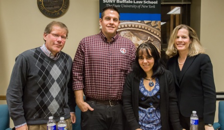 Chief Medical Officer Dr. Myron Glick (Jericho Road Community Health Center), Executive Director James Haslam (Rights & Democracy), Executive Director Cathy Albisa (The National Economic and Social Rights Initiative) and Associate Professor Tara J. Melish (UB). 