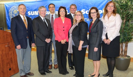 Left to right Hon. ALbert M. Rosenblatt, Hon. Eugene F. Pigott Jr. ‘73, Interim Dean James B. Gardner, Hon. Paula L. Feroleto ‘82, Michael B. Powers, Lecturer Bernadette Gargano, Hon. Erin M. Peradotto ‘84, Michelle Henry. 