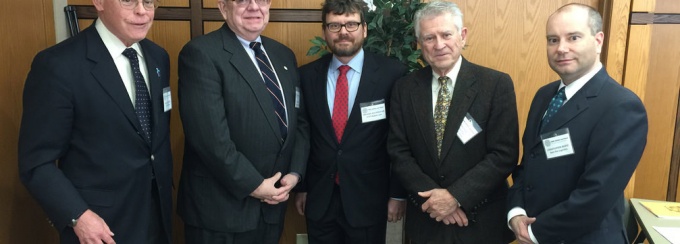 Gerald Benjamin, associate vice president for regional engagement and director of the Benjamin Center for Public Policy Initiatives at SUNY New Paltz; Michael Halberstam, associate professor at SUNY Buffalo Law School; Henrik Dullea, member of the board of trustees of the State University of New York; Peter J. Galie, professor emeritus and former chairman of the political science department at Canisius College in Buffalo; and Christopher Bopst, chief legal and financial officer at Sam-Son Logistics in Buffalo. 