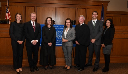 Gabrielle K. Walter ‘18, Jason Fleischer ‘17, Hon. Erin Peradotto ’84, Farina Mendelson ’17, Hon. Eugene Pigott, Jr. ’73, Ari M. Goldberg ‘17, Diane Elizabeth Orosz ‘18. 