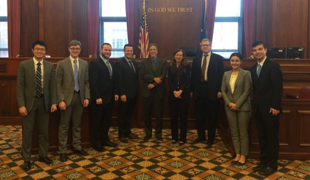 (left to right) Competition winners Alan Fu and Jordan Lamothe (Duke University), finalists John Maljiek and Trevor Hanzeli (Gonzaga University), final judges: Randall P. Andreozzi ’87 (Andreozzi, Bluestein, Weber, Brown, LLP), Sharon Stern Gerstman (Magavern, Magavern & Grimm, LLP), and Hon. Mark V. Holmes (U.S. Tax Court), competition directors Farina Mendelson ‘17 and Andrew DeMasters ‘16. 