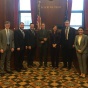 (left to right) Competition winners Alan Fu and Jordan Lamothe (Duke University), finalists John Maljiek and Trevor Hanzeli (Gonzaga University), final judges: Randall P. Andreozzi ’87 (Andreozzi, Bluestein, Weber, Brown, LLP), Sharon Stern Gerstman (Magavern, Magavern & Grimm, LLP), and Hon. Mark V. Holmes (U.S. Tax Court), competition directors Farina Mendelson ‘17 and Andrew DeMasters ‘16. 