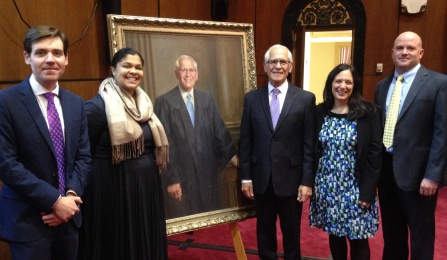 Patrick Reinikainen '12, Jessica Ortiz '05, Hon. Julio M. Fuentes '75, Jennifer Pacella '08, and Marc Davies '03. In attendance, but not pictured, was interim Dean James Gardner. 