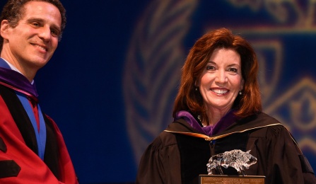 Interim Dean James A. Gardner thanks keynote speaker New York Lt. Gov. Kathy C. Hochul.