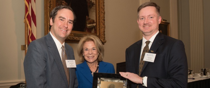 UB LAA President-Elect Mark W. Brown ’99 and Vice Dean for Academic Affairs Todd Brown present the Jaeckle Award to recipient Hon. Barbara Howe ’80 at the 2018 NYC Alumni Luncheon. 