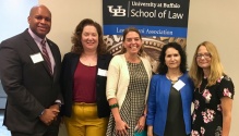 Panelists from the August 3rd program “Playing By the Rules Sexual Harassment & Discrimination Issues in Employment, Education & Athletics” (left to right): Mark M. Alnutt, Director of Athletics, UB; Aviva Abramovsky, Dean, UB School of Law; Elizabeth D. McPhail '01, Partner Hodgson Russ LLP; Kathleen M. Twist, Senior Associate Athletic Director for Sports Administration, UB Division of Athletics; and Helen “Nellie” Drew '88, Teaching Faculty, UB School of Law. 