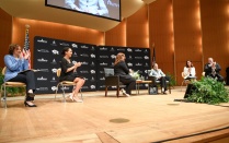 Zoom image: Joining Justice Ginsburg on stage: Elizabeth M. Fox-Solomon, President of the WNY Chapter of the Women’s Bar Association of the State of New York; Brittany A. Jones, President of the Minority Bar Association of WNY; Aviva Abramovsky, Dean of the University at Buffalo School of Law; Bridget M. O’Connell, President of the Bar Association of Erie County; and Scott C. Becker, President of the UB Law Alumni Association. 