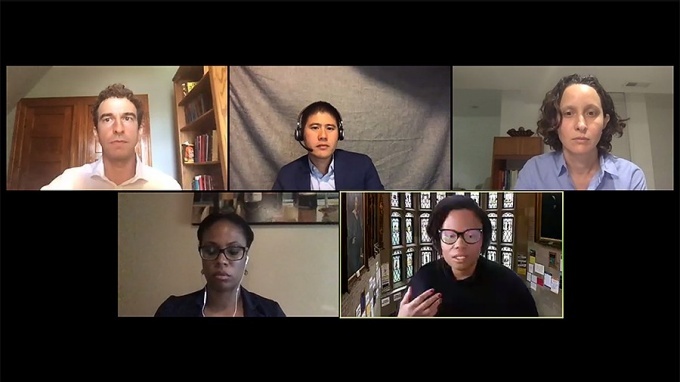 Panelists taking part in the Zoom session on defunding the police are, from top left clockwise, moderator Anthony O'Rourke, Rick Su, Allegra McLeod, Monica Bell and Jamelia Morgan. Photo: Kristen Kowalski. 