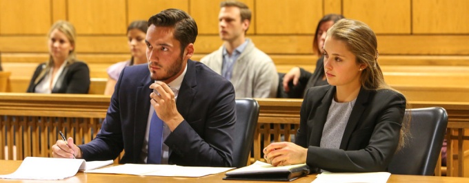 law students participating in a mock trial. 