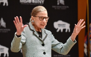 Zoom image: Justice Ruth Bader Ginsburg welcomes the audience at Kleinhans Music Hall. 