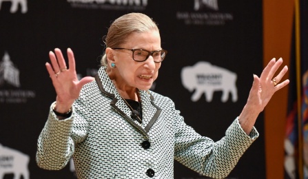 Justice Ruth Bader Ginsburg welcomes the audience at Kleinhans Music Hall. 