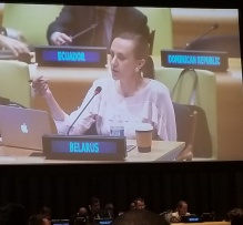 olga participating in a panel, her image displayed on a large screen. 