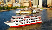 boat in a city harbor. 