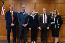 Interim Dean S. Todd Brown, Hon. Joseph L. Falvey Jr., Hon. Margaret Bartley, Hon. Scott J. Laurer, and Prof. Kim Diana Connolly, vice dean for advocacy and experiential education. 