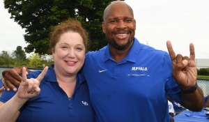 Dean Aviva Abramovsky and Mark Alnutt, UB Director of Athletics. 