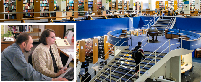 image of the law library with a smaller image of a man and student at a computer. 