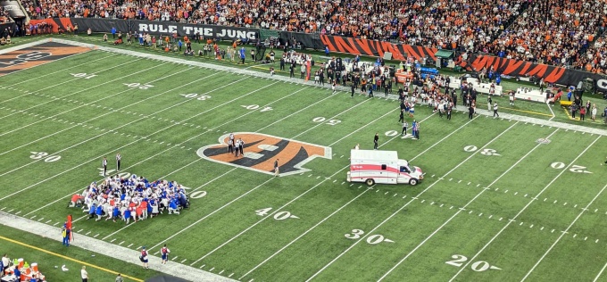 football stadium, view from the stands looking onto the field. 