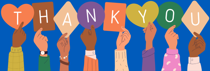 illustration of hands holding up shapes that spell Thank You. 