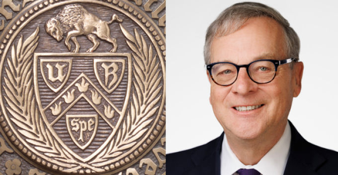 Split image showing two elements: on the left, a detailed circular emblem featuring a buffalo at the top, shield shapes with letters and symbols inside, and laurel branches around the edge; on the right, a person wearing a dark suit jacket, white dress shirt, and a solid purple necktie against a plain light gray background. 