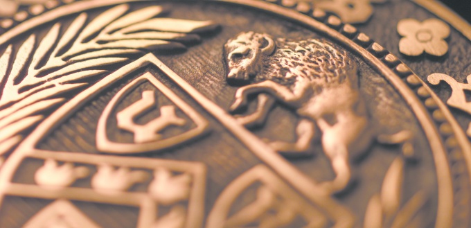Close up photo of a gold medallion embossed with a buffalo and shield. 
