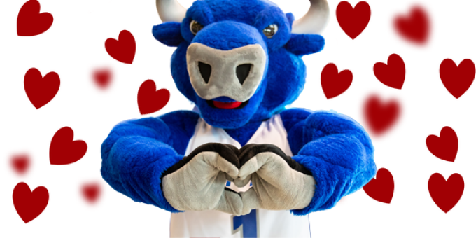 A blue bull mascot forms a heart shape with its hands, with red heart graphics surrounding it. 