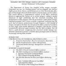 Screenshot of the first page of a scholarly law review article titled “Grounded: How DOJ Merger Analysis Left Consumers Stranded” by Christine P. Bartholomew and Deja Graham, featuring an abstract discussing airline merger oversight and a table of contents listing major sections and page numbers. 