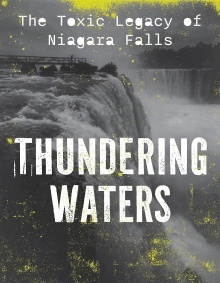 Book cover showing Niagara Falls in grayscale with splashes of yellow. Text reads: “The Toxic Legacy of Niagara Falls: Thundering Waters” by Christen E. Civiletto. 