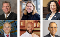 Grid of six professional portrait photographs showing adults in formal business attire, photographed indoors against a variety of neutral and institutional backgrounds. 