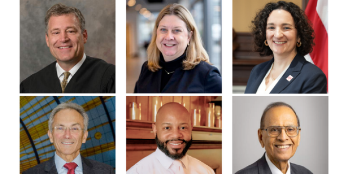 Grid of six professional portrait photographs showing adults in formal business attire, photographed indoors against a variety of neutral and institutional backgrounds. 