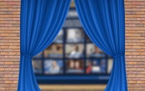 Illustration of blue curtains are drawn open against a brick wall, revealing a blurred, glass‑fronted display behind them that appears to contain multiple framed images arranged in a grid. 